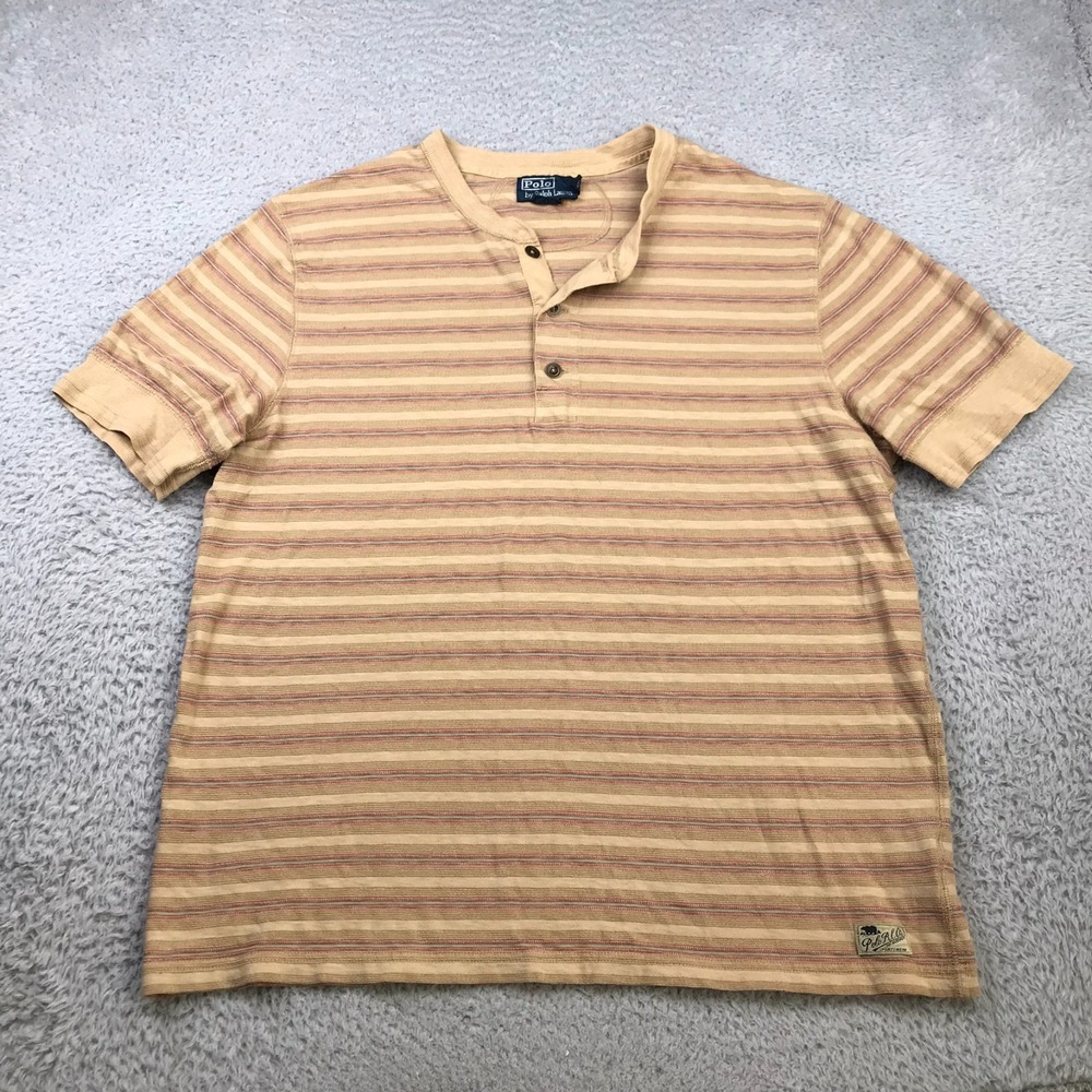 Polo Ralph Lauren Sportswear Henley Shirt Mens L Brown Striped 100% Cotton